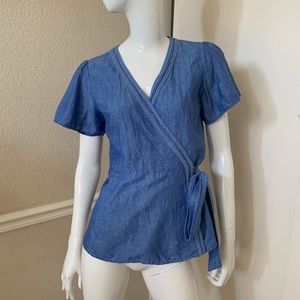 Ann Taylor New! Country Chambray Blue Wrap Blouse